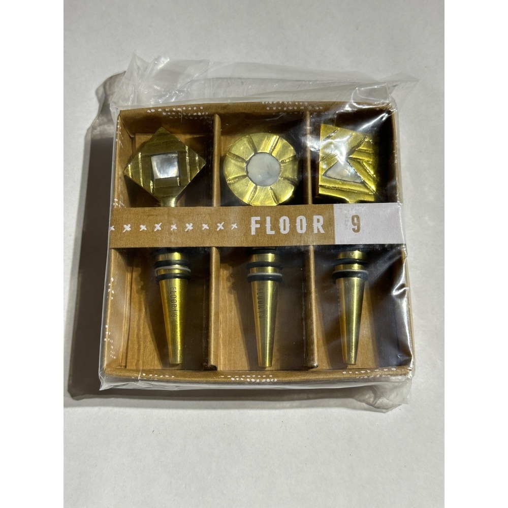 Floot 9 Wine Bottle Stopper Set Three Piece Gold Glass Top Decorative Corks New